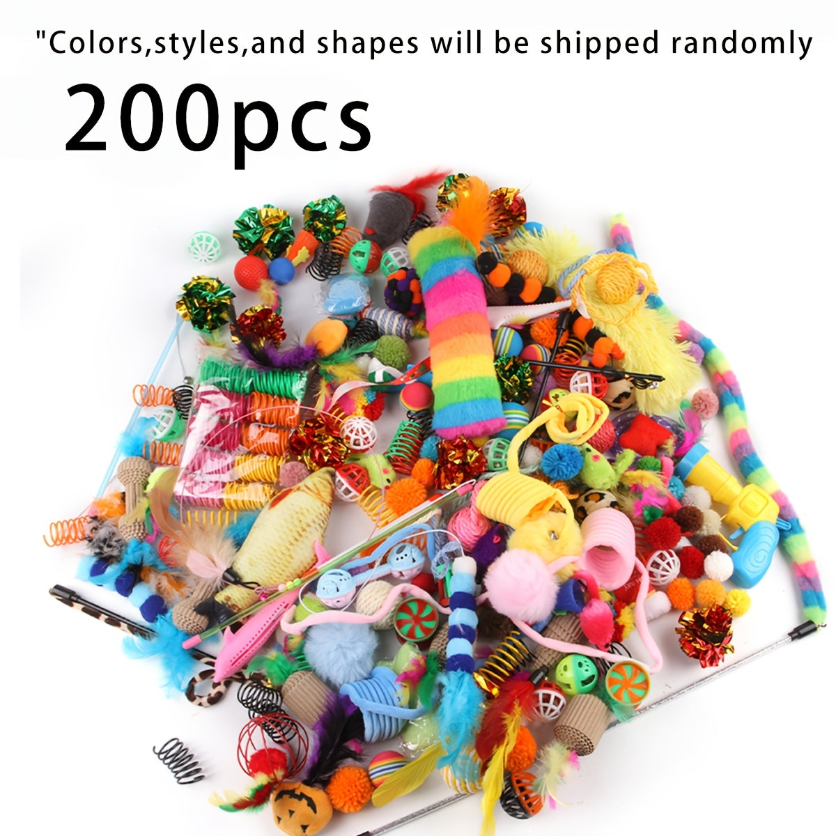 Mixed pack of 200/64/32/16 cat toys, including plastic and plush toys for multiple cats. Variety allows for different toys daily. Randomly shipped in various colors, styles, shapes, and