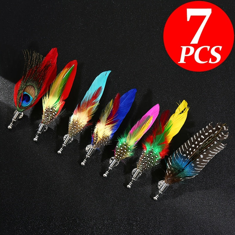 Colorful Simulated Feather Brooches Lapel Pins Set of 7, Stylish Fashion Accessory for Men and Women's Dress Suits