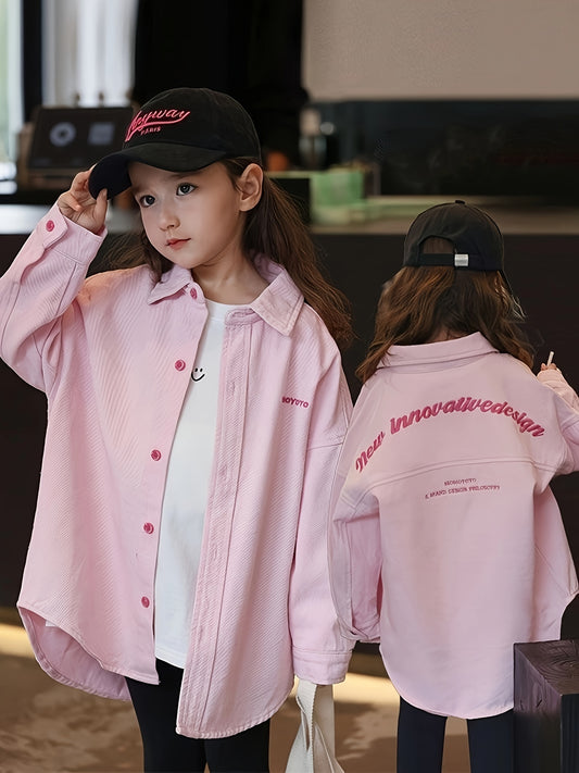 Innovative Denim" Embroidered Girls' Pink Shirt - Cute spring/fall button-up for outings.