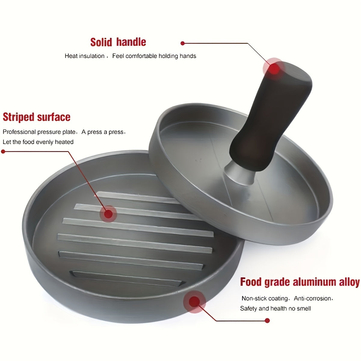 Create perfect hamburger patties with the Aluminum Burger Press Patty Maker, featuring a non-stick coating and includes wax paper discs. This kitchen gadget is food contact safe cookware, making it easy and convenient to use.