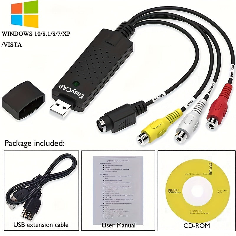 VHS в цифровой конвертер USB 2.0 захватная карта для Mac и PC, совместимая с несколькими версиями Windows и Android.