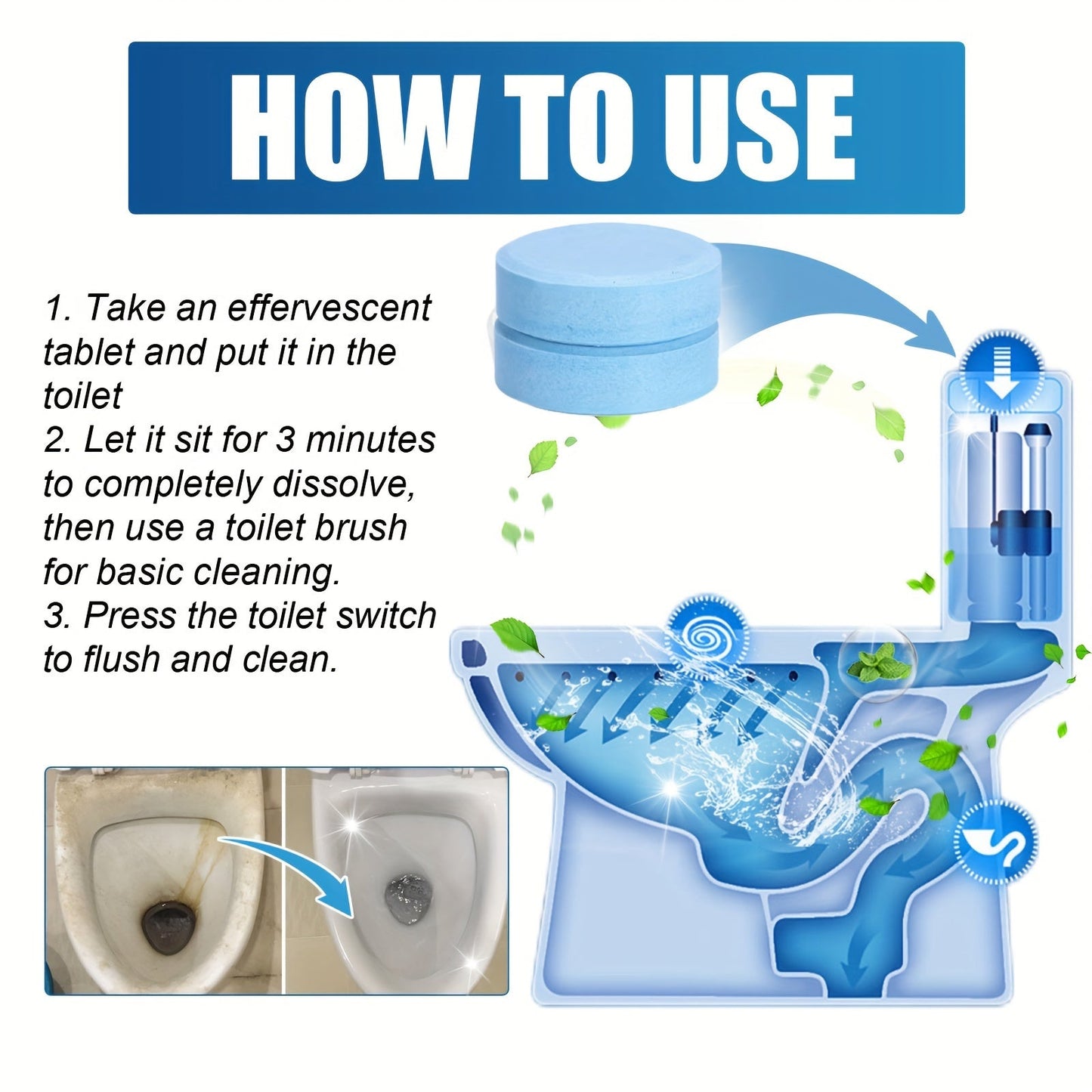 12 pieces of Automatic Toilet Bowl Cleaner Effervescent Tablets, Strong Descaling Agent, Deodorizer, for Removing Yellow Stains and Odor, Deep Cleaning Tablets for Toilet, Cleaning Supplies and Tool