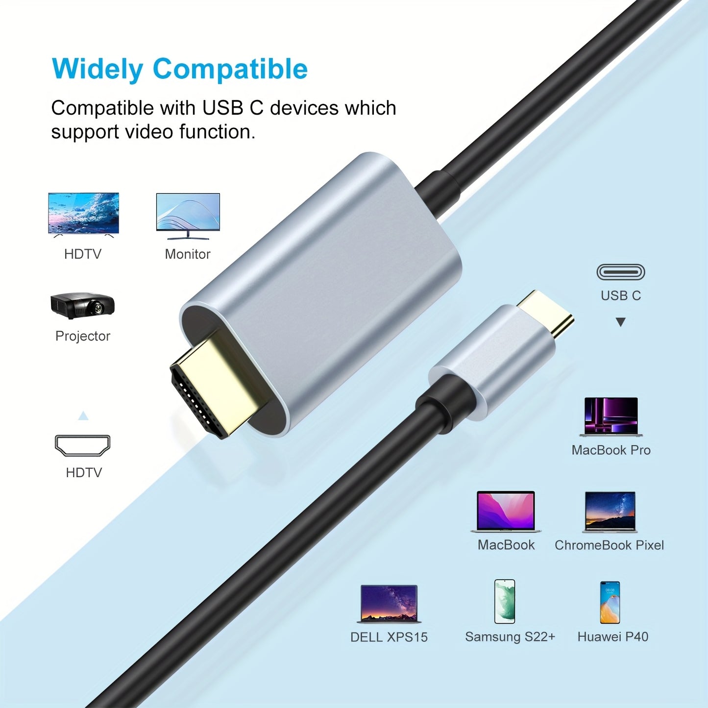 182.88cm USB-C to HDTV Cable for MacBook Air, iPad Pro, Surface, Chromebook, TV Monitor. 4K HD resolution, flat male to male connector, includes Cat5e Ethernet Cable and USB-powered with 5V