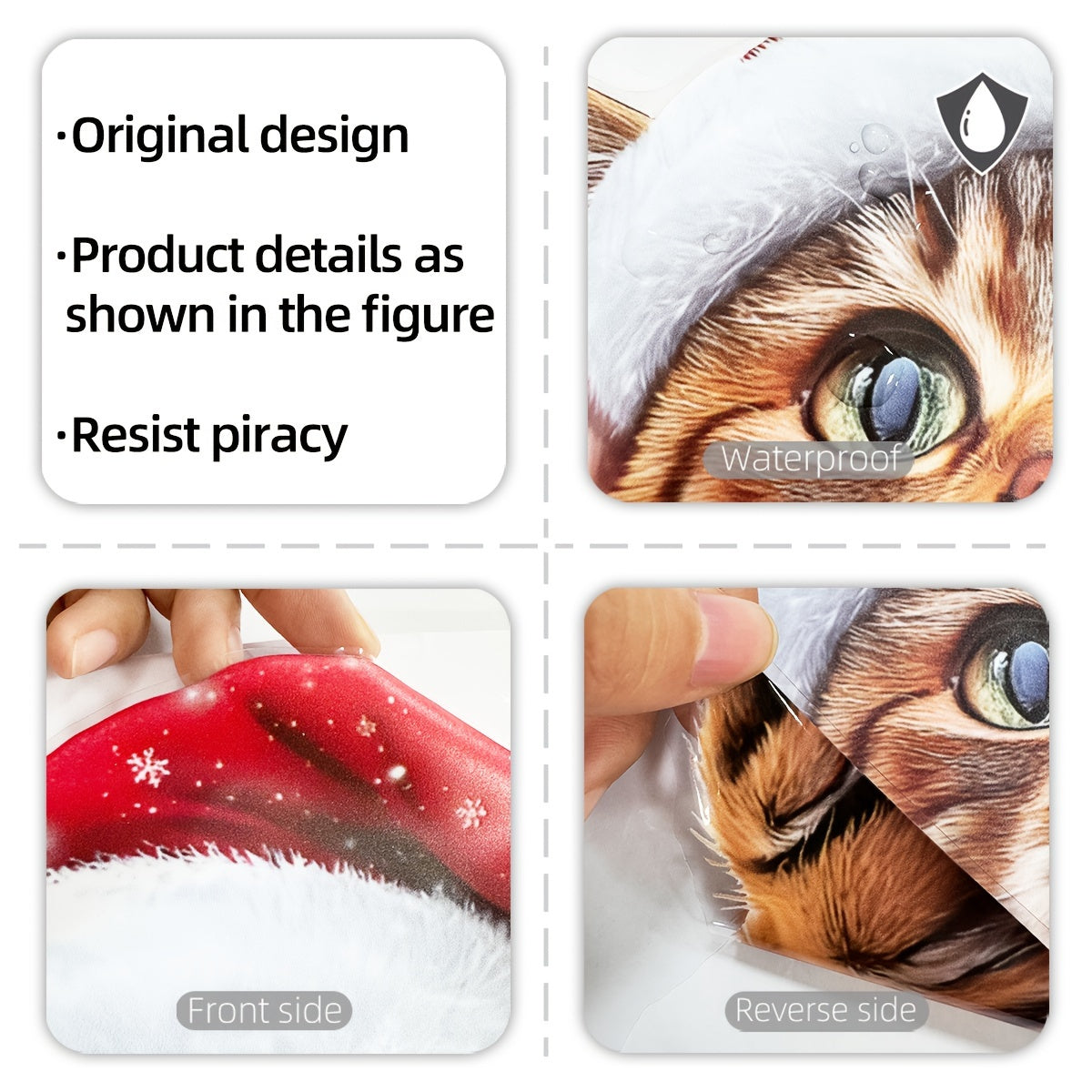 This double-sided static glass sticker features a cat wearing a Christmas hat, perfect for holiday decoration. The self-adhesive sticker is visible on both sides and can be easily applied to windows or glass surfaces. Add a festive touch to your home