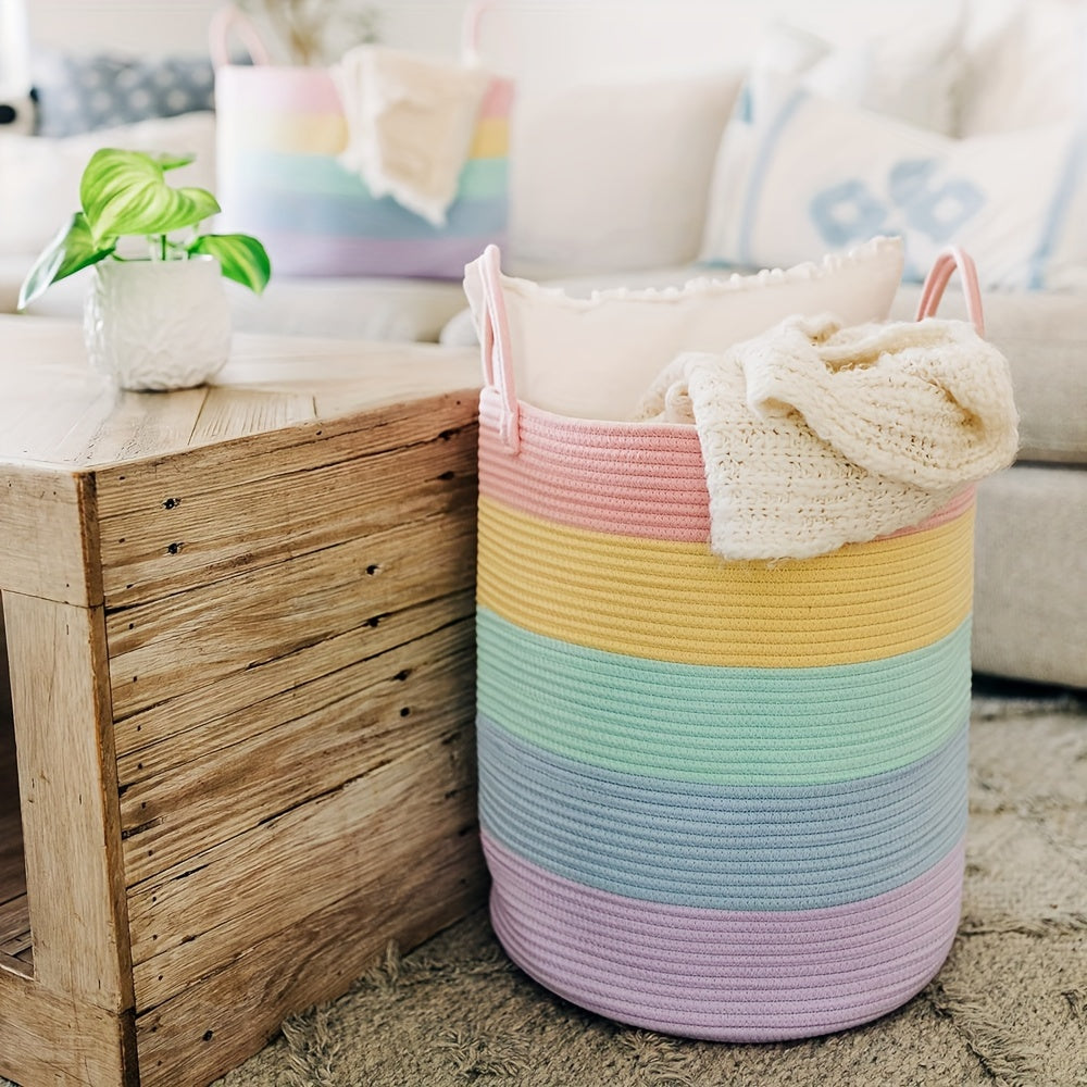 Vibrant rainbow woven basket with handles - 38.1x45.72cm tall for laundry and toys. Ideal for playroom, living room, or youngsters' bedroom. Striped design, durable fabric, easy to carry.