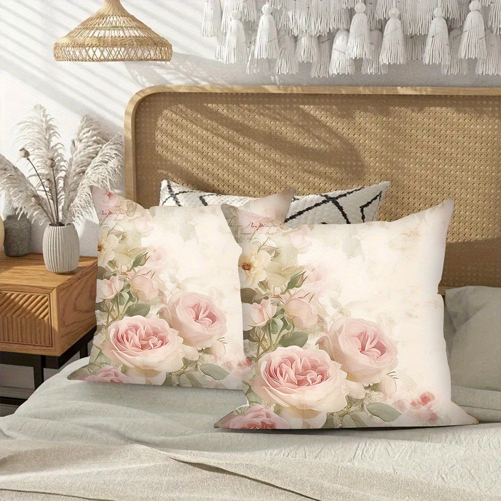 Pink Roses Retro Poster Throw Pillow Covers, Set of 2, 45.72x45.72 cm, Made of Soft Polyester, Square Cushion Cases, Easy-Care Machine Washable, Non-Fade Material, Lightweight and Decorative, Ideal for Sofa and Bedroom Decor - Insert Not Included