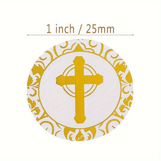 500 gold-plated Christian prayer stickers with circular crosses for sealing envelopes and office labels.