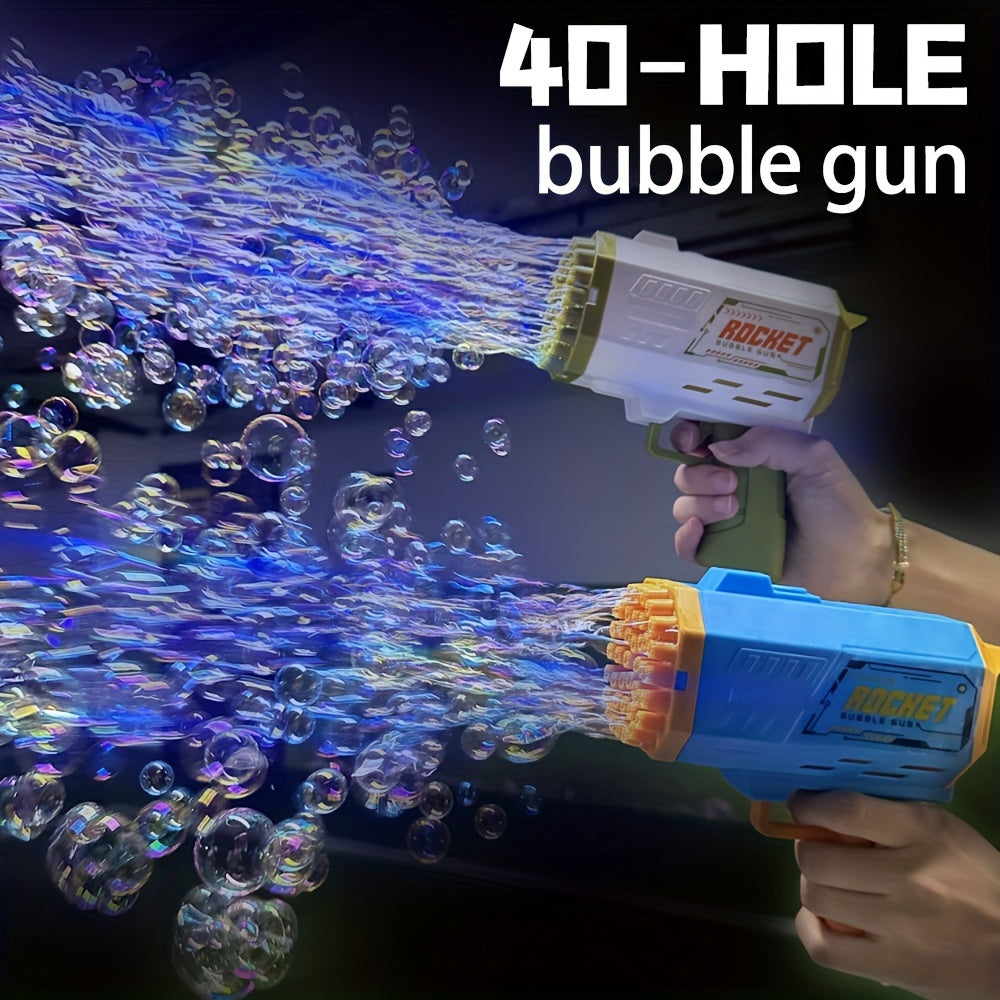 Portable electric bubble gun toy with 40 holes, colorful bubble streams, and mechanical style for summer parties and birthdays. Batteries and bubble solution not included. Safe and fun