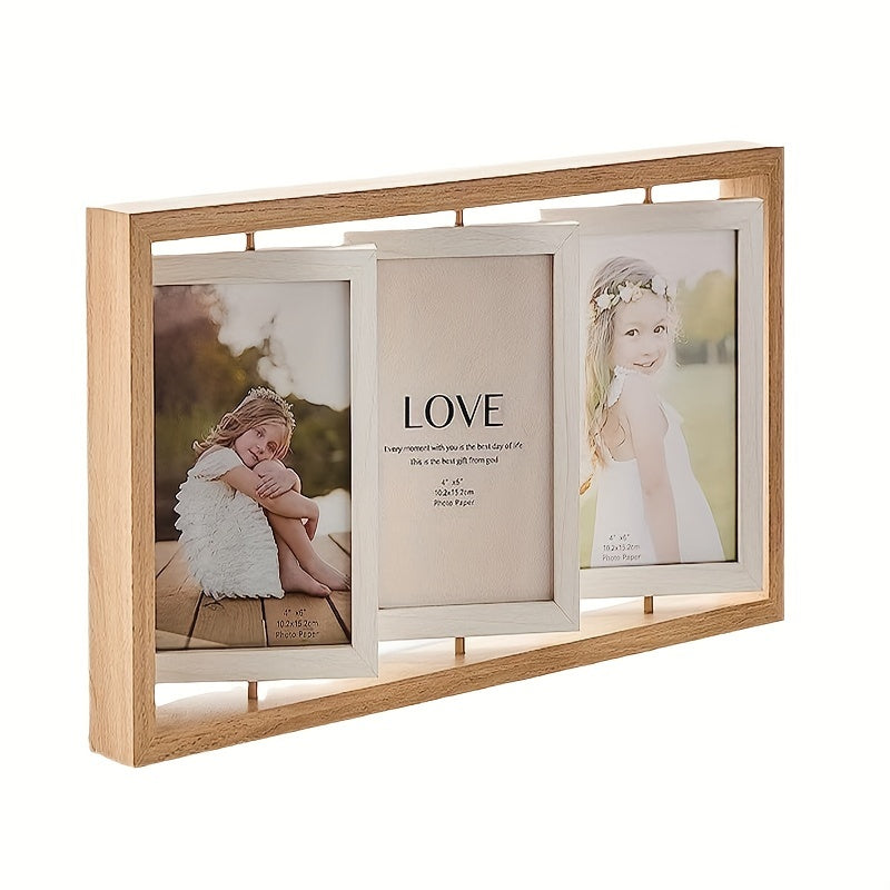 One piece of a wooden double-sided picture frame stand with a tri-fold design that holds multiple photos. Suitable for ages 14 and above.