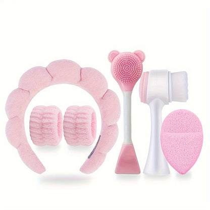 6-piece hypoallergenic silicone facial care set includes deep cleansing spa mask brush kit, soft plush headband, gentle exfoliating scrubbers, and portable skincare tools. Ideal gift for