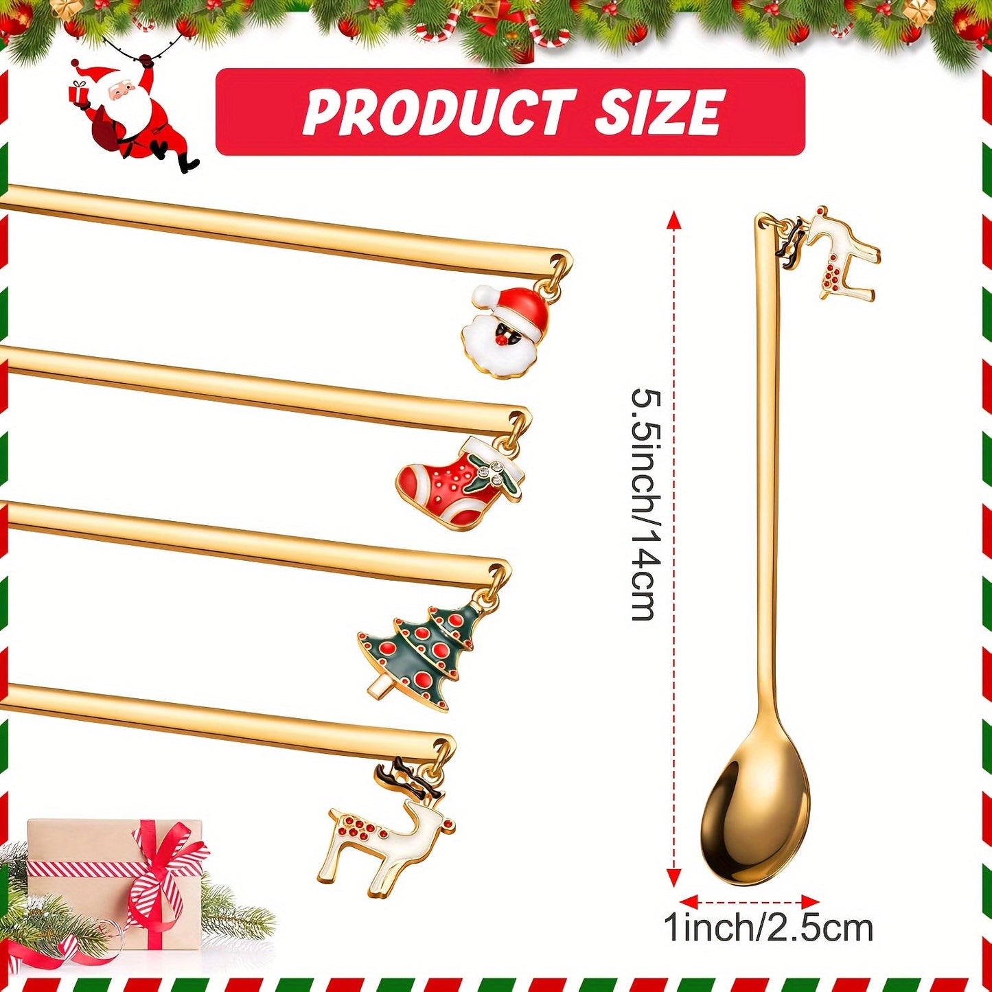 Set of four festive Christmas coffee and tea spoons crafted from stainless steel. These versatile spoons are perfect for stirring hot chocolate, enjoying ice cream, and indulging in desserts. They also make an ideal holiday gift and add a festive touch