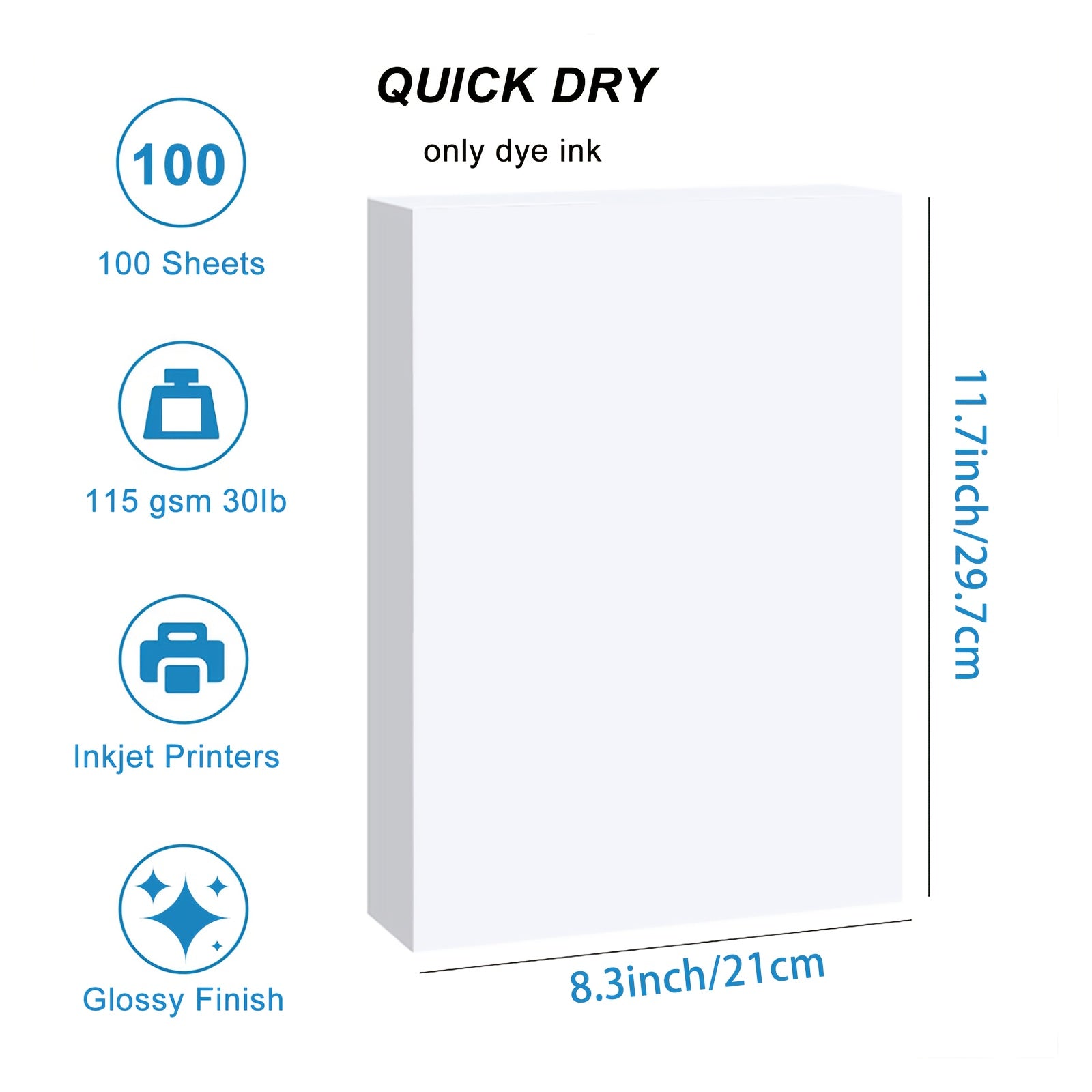 100 sheets of A4 glossy printing paper for inkjet photo printing, 115GSM thin photo paper, weighing 13.61KG with blank back.