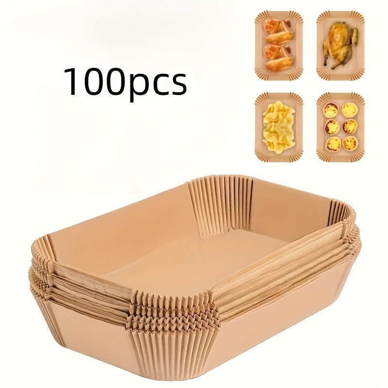 This pack includes 100 extra-large rectangular liners specifically made for air frying pans, guaranteeing a non-stick surface that is effortless to clean. These disposable paper baskets are compact, safe for oven use, and perfect for baking, cooking, and