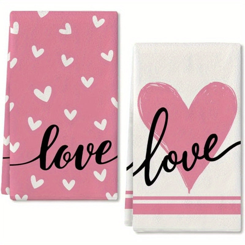 Valentine's Day themed gift towels, featuring a pink beloved logo, perfect for kitchen use and drying off, each set includes 2 towels measuring 18 by 66.04 cm.