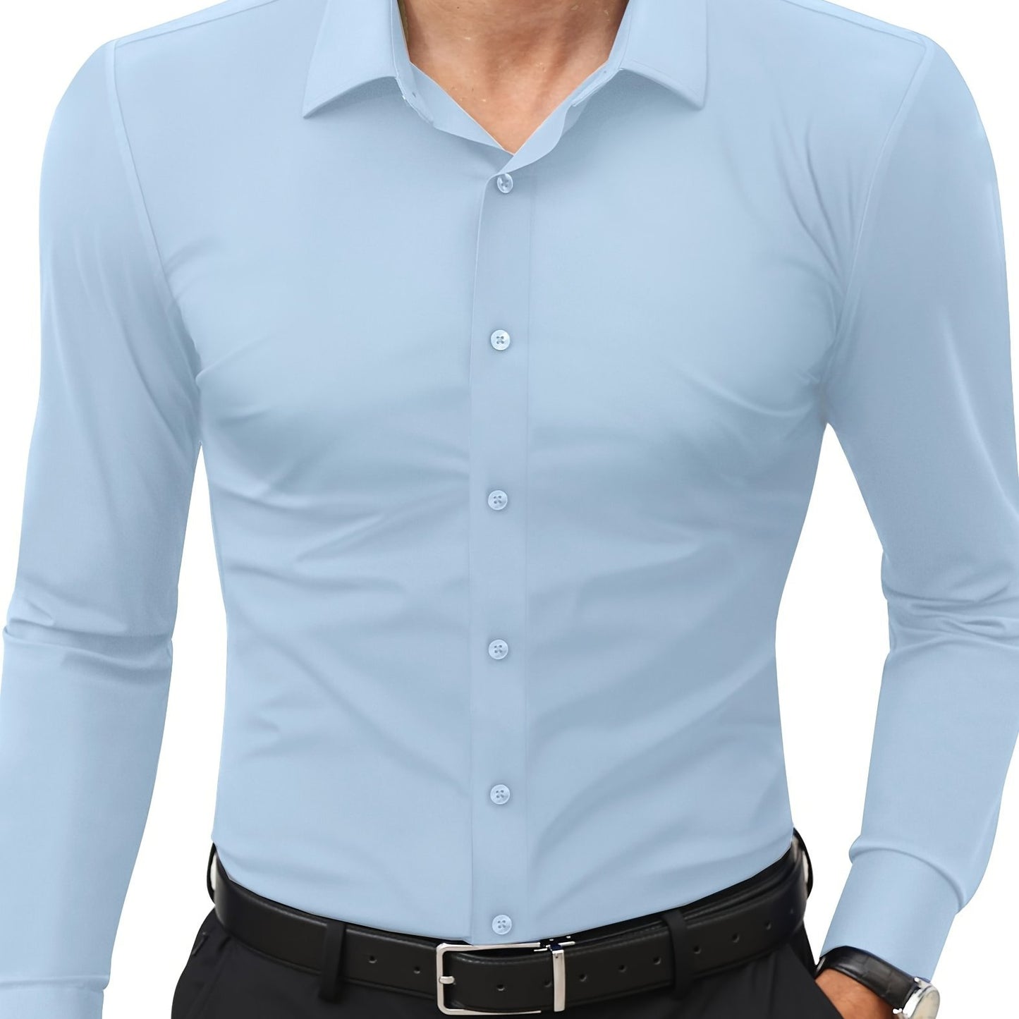 Slim fit long sleeve shirt for men made of 55% cotton, 40% polyester, and 5% spandex. Solid color with lapel collar, button-up closure, and all-season wear. Casual weekend wear, woven