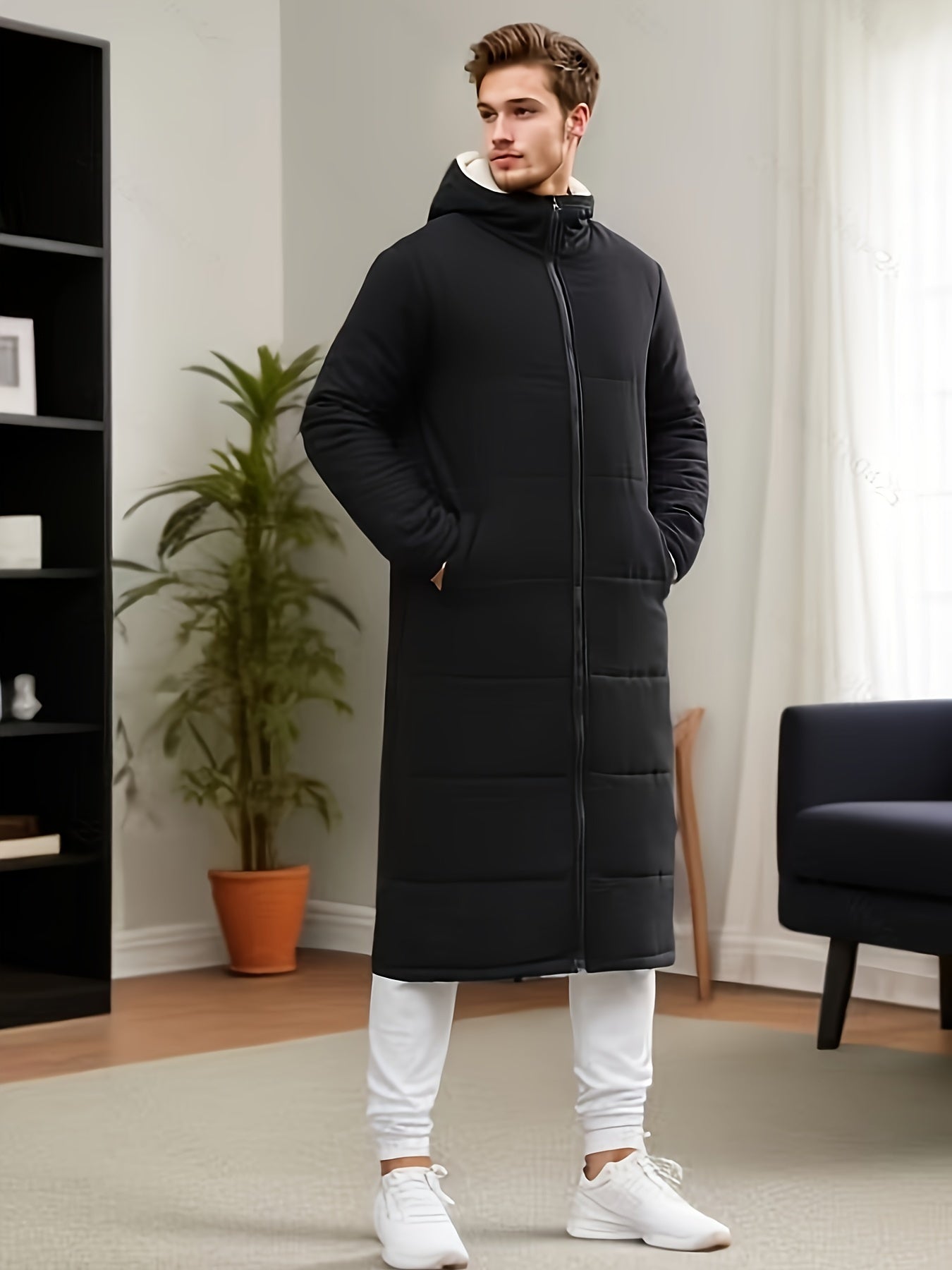 Men's Reversible Hooded Long Coat made of 100% warm polyester fleece. Features solid color, non-stretch fabric, long sleeves, zipper closure, loose fit, woven placket, and 220g/m² weight.