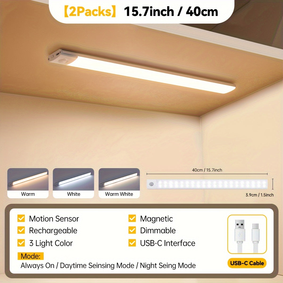 Motion-Activated LED Cabinet Light with USB Rechargeable, Metal Construction and Infrared Sensor for Easy Installation in Any Room.