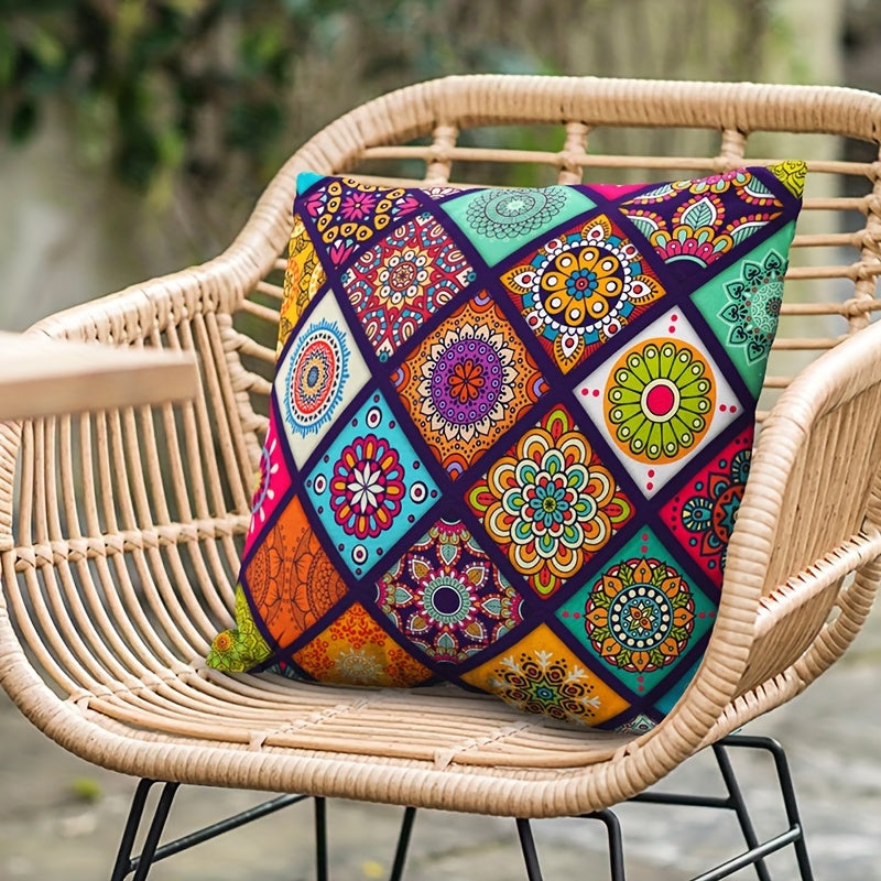 Bohemian Chic Zippered Throw Pillow Cover made of machine washable knit polyester fabric, ideal for decorating living room and bedroom. 45.72x45.72 cm size, insert not included.