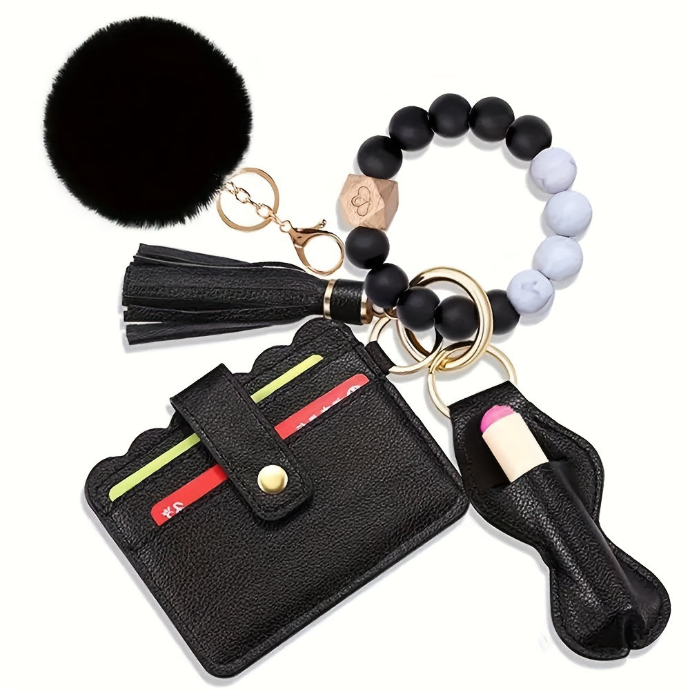 Keychain accessories for women, including a premium leather keyring, card holder wallet, elastic silicone beaded tassel keychain, and lipstick holder (6 pieces) - perfect as a gift for women.