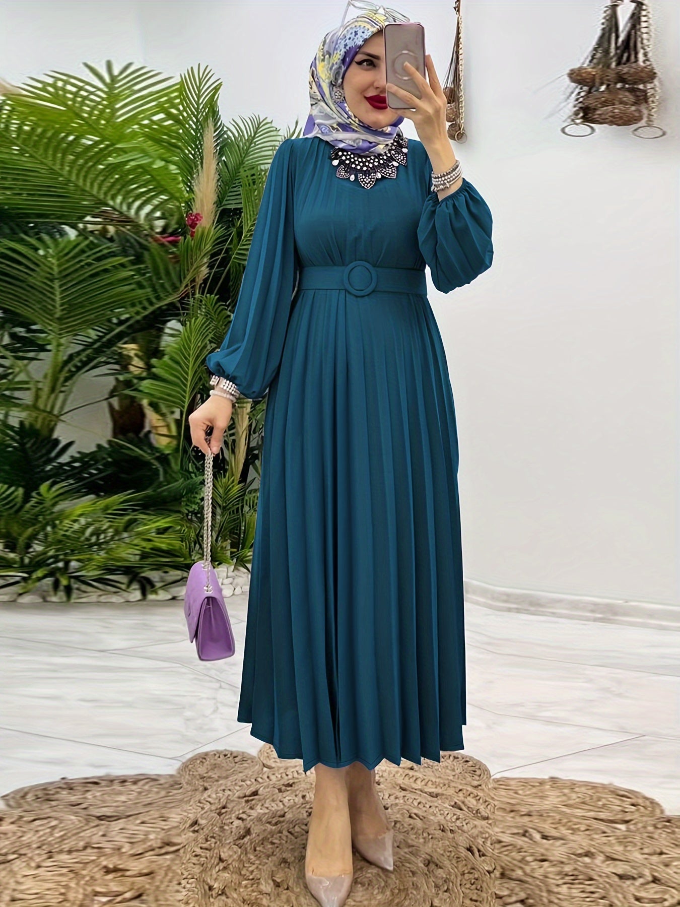 Ruffled hem crew neck long sleeve dress, elegant maxi length abayas for women.