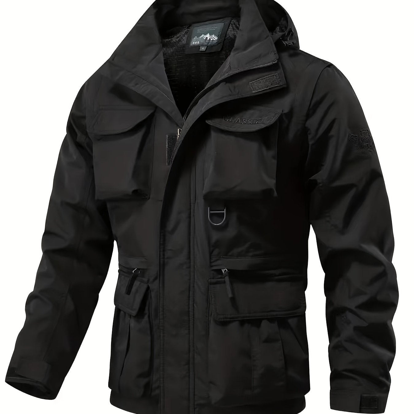 Eco-friendly men's windbreaker jacket with detachable hood and multiple pockets, perfect for outdoor activities.