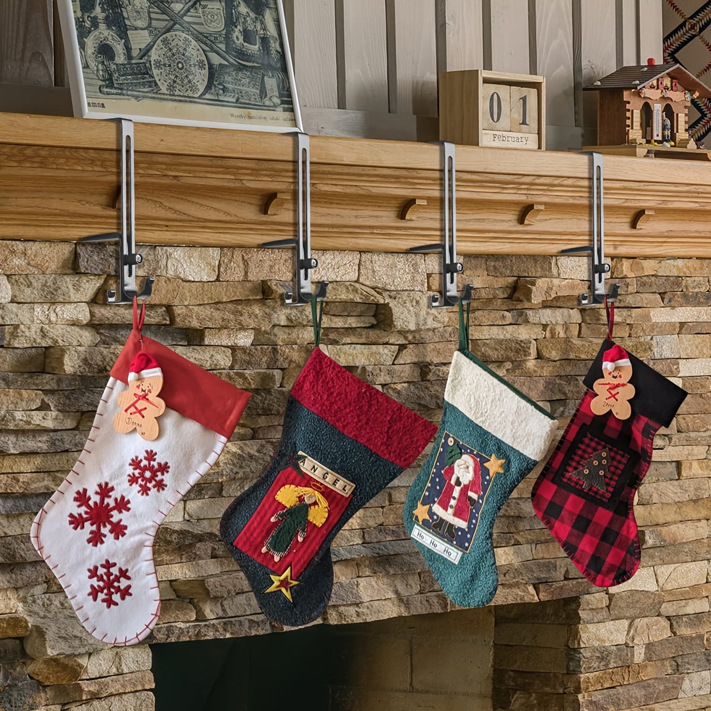 Set of four Adjustable Metal Christmas Stocking Holders for Mantle - Ideal for Hanging Garland, Ornaments & Decorating the Fireplace