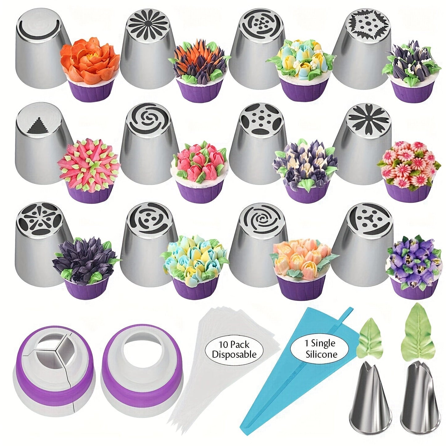 27 piece set of Russian Cake Piping Tips, made of durable stainless steel for perfect icing and frosting. Ideal for decorating cupcakes, creating puffs and cookies, a must-have baking tool in your kitchen. Enhance your baking experience with these