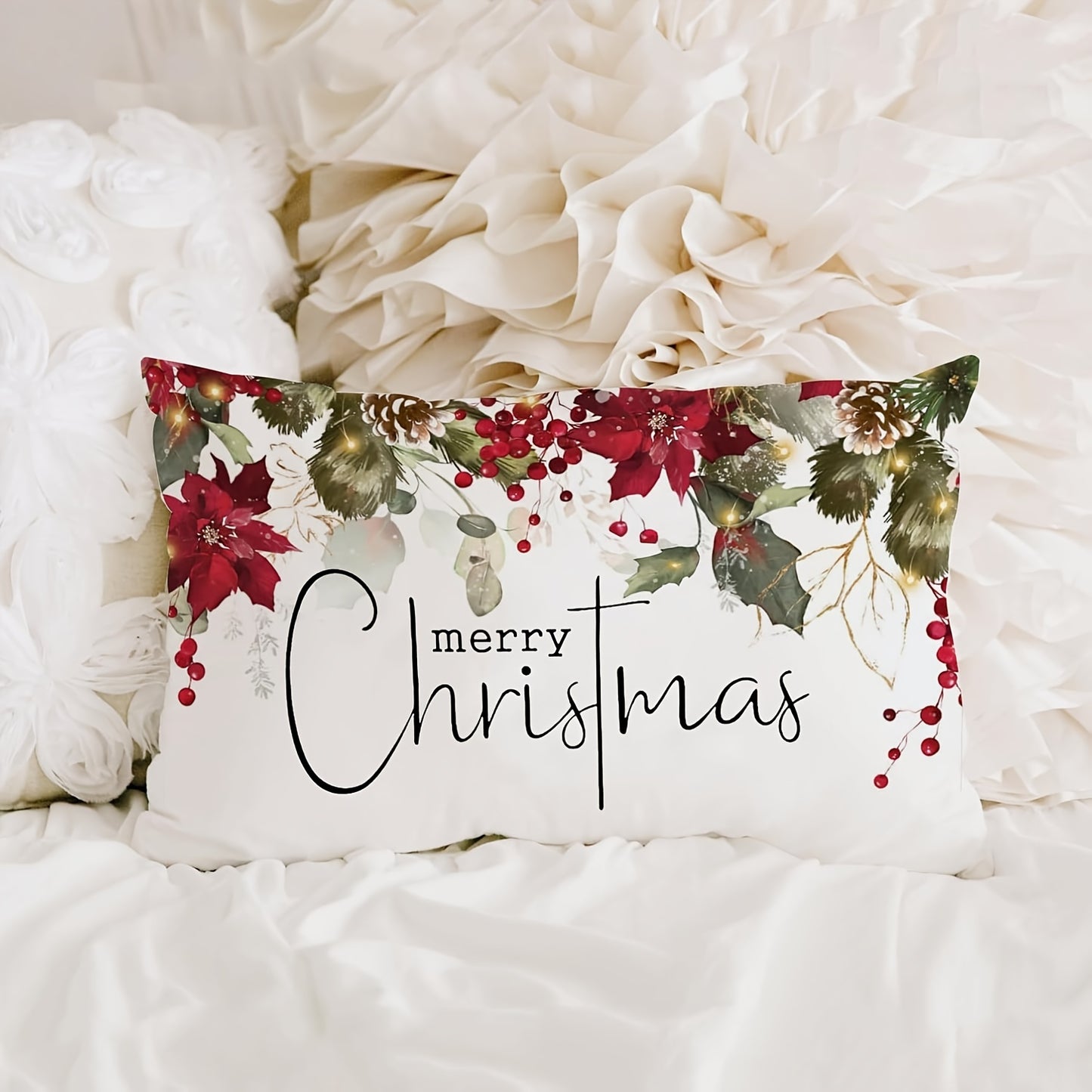 Festive farmhouse style Christmas throw pillow cover suitable for beds, chairs, and sofas. Features contemporary design, machine washable woven polyester material with zip closure. Measures 50.8cm x 127.0cm.