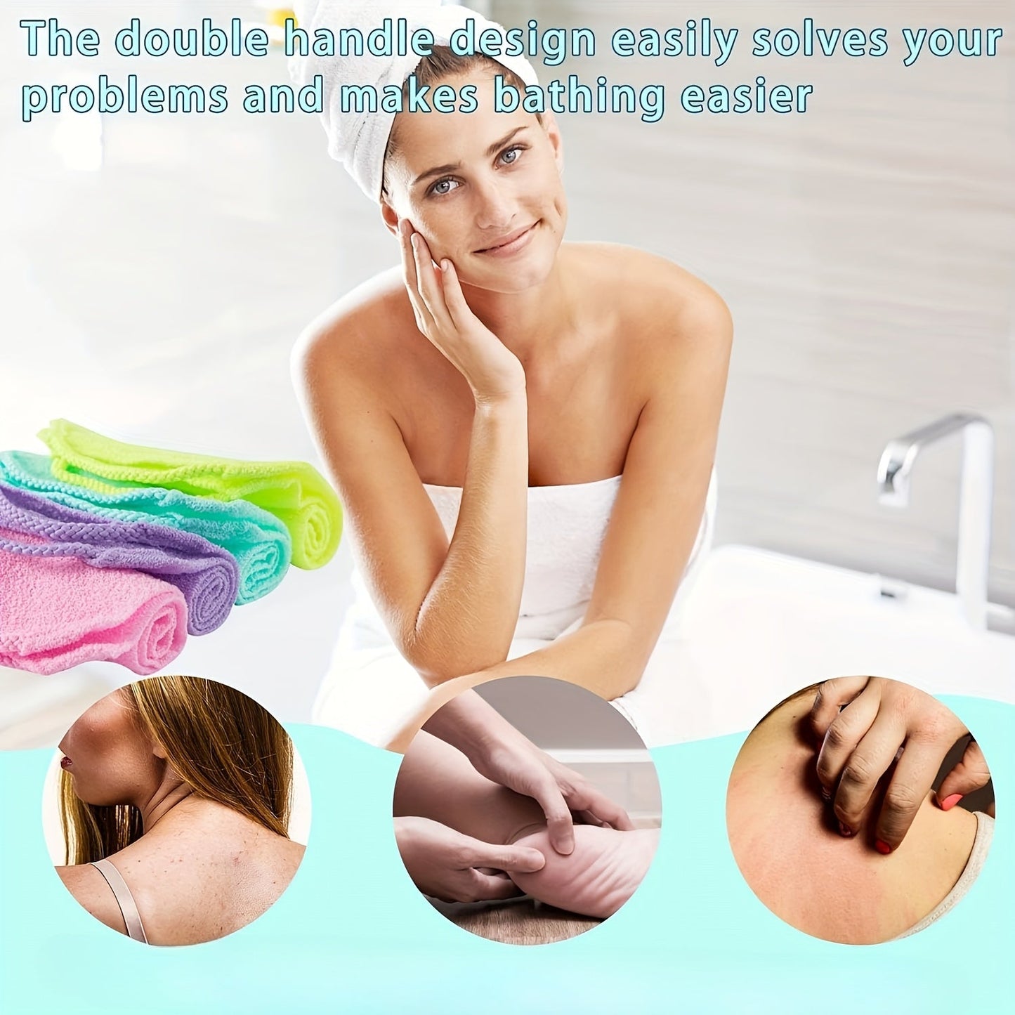 Dual-Layer Stretchable Nylon Exfoliating Back Scrubber Gloves - Quick Dry Body Washcloth with Handle for Shower, Skin Cleansing & Massage