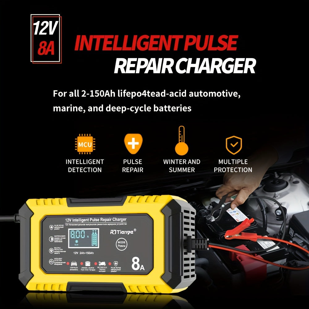 12V 8A Smart Pulse Repair Charger with LCD Display for Vehicles - Intelligent Battery Maintainer for Various Battery Types - Automatic Mode, Overheat & Overcharge Protection, Stylish Red &