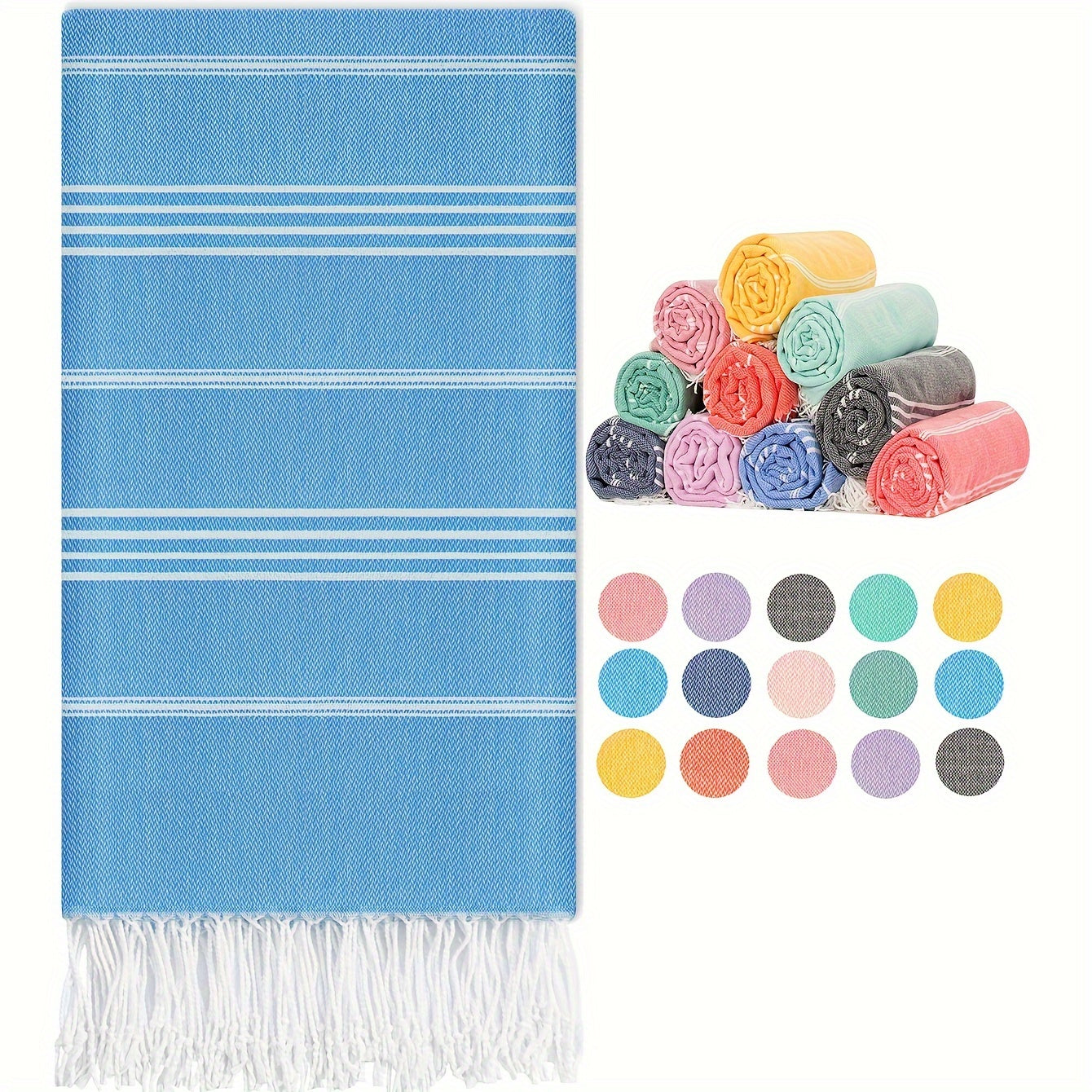 Turkish beach towel: quick-dry, sand-free, lightweight, oversized in striped patterns (yellow, white, blue, gray, pink) for pool, swim, travel. Ideal for camping, cruise, vacation, beach blanket.