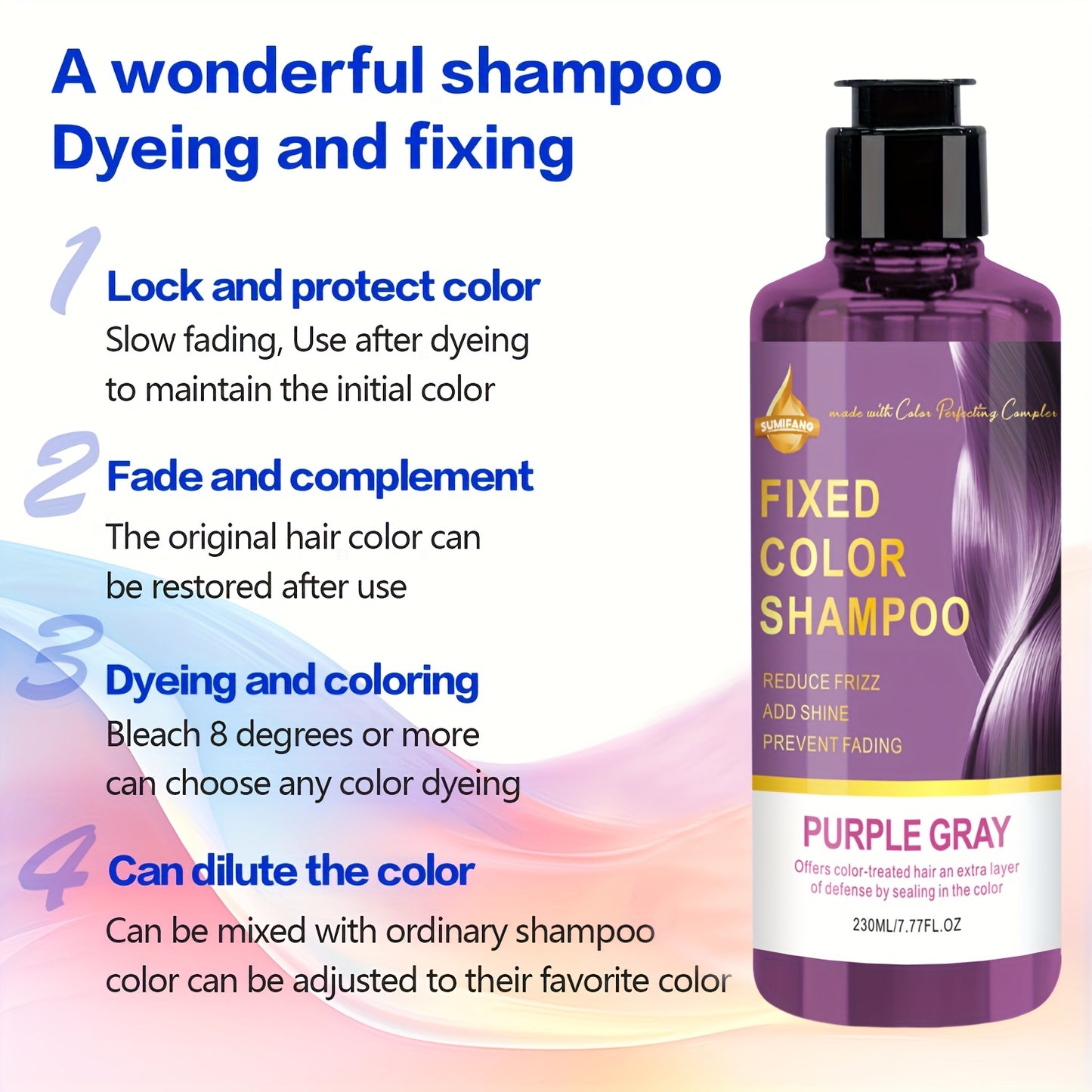 230 ml bottle of purple-gray tinted shampoo suitable for both men and women. Moisturizing coconut oil conditioner ideal for dry hair. Can be used daily for cosmetic purposes.