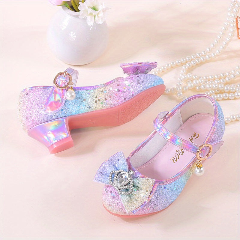 Girls' Sparkly Rainbow Princess High Heels with Pearl & Rhinestone Embellishments, Non-Slip Sole, Hook-and-loop Closure - Ideal for Performances & Parties