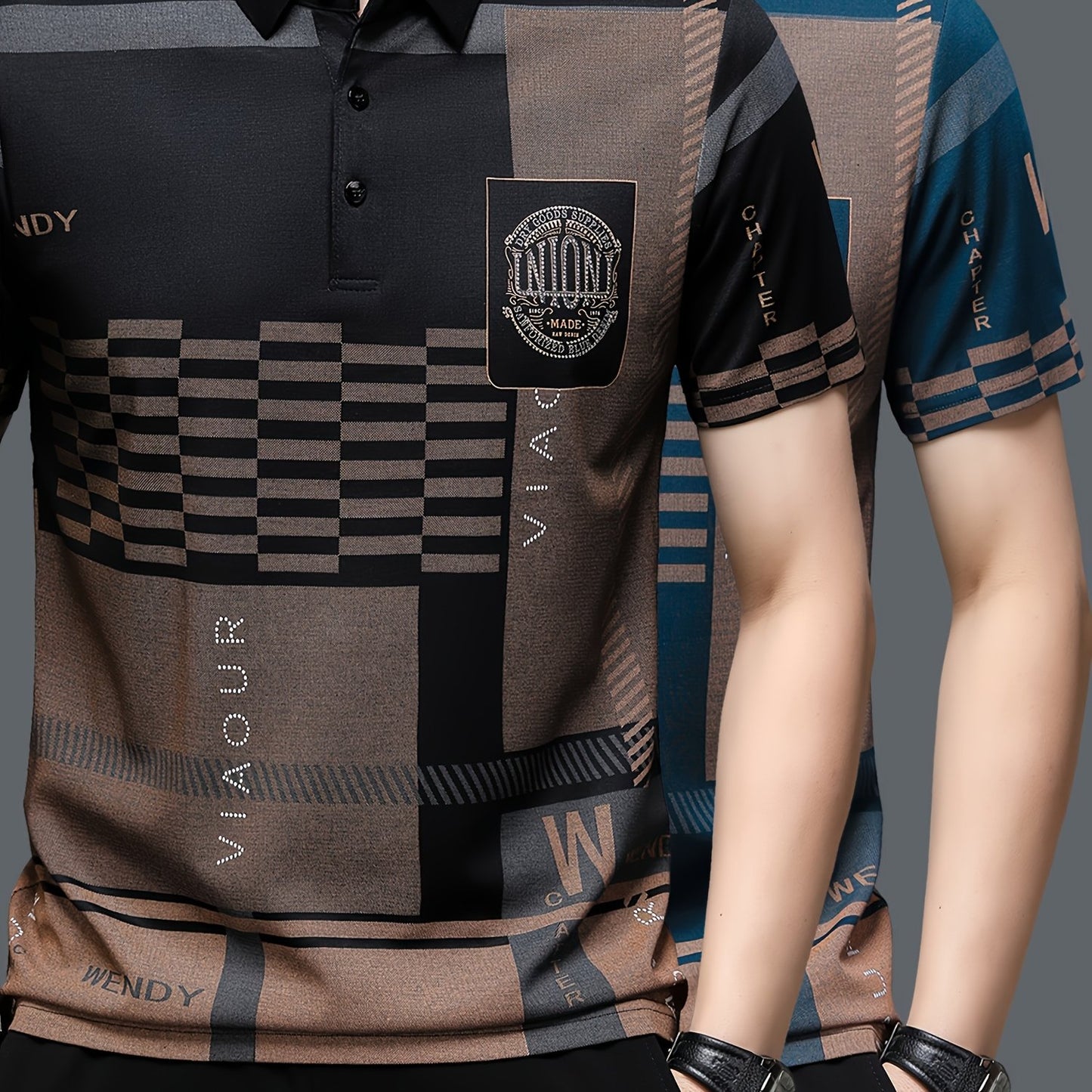 Two summer polo shirts for men, featuring plaid design and English embellishments.