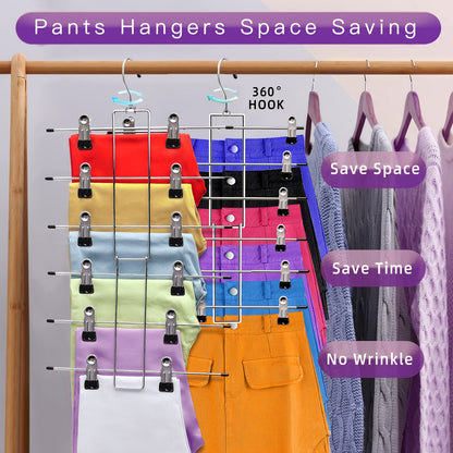 6-Tier Non-Slip Metal Pants Hangers with Hooks, Set of 2 - Space-Saving and Durable Clothes Organizer for Jeans, Ties, Scarves, and Camisoles - Perfect for Closet and Wardrobe Organization, Great Hangers for Clothes