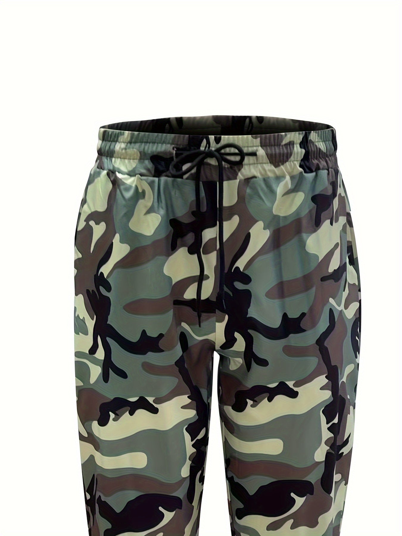 Plus Size Men's loose-fit athletic pants in camo print, made of machine washable polyester fabric.