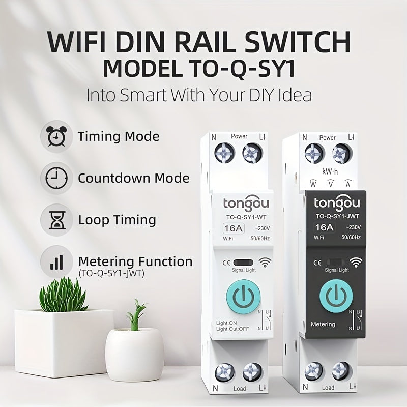 TUYA WiFi Smart Switch Breaker allows wireless remote control and mobile control, with metering timer and countdown features for a smart home.