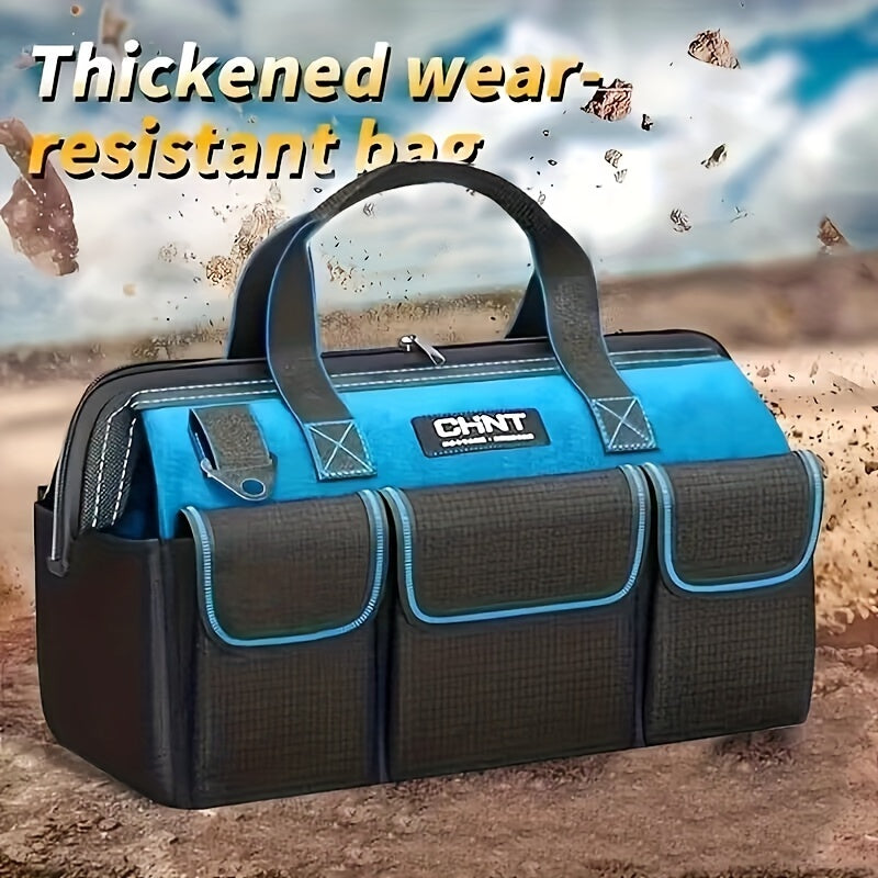 Large tool bag made of heavy-duty thick canvas for electricians and air conditioning repair with shoulder strap.