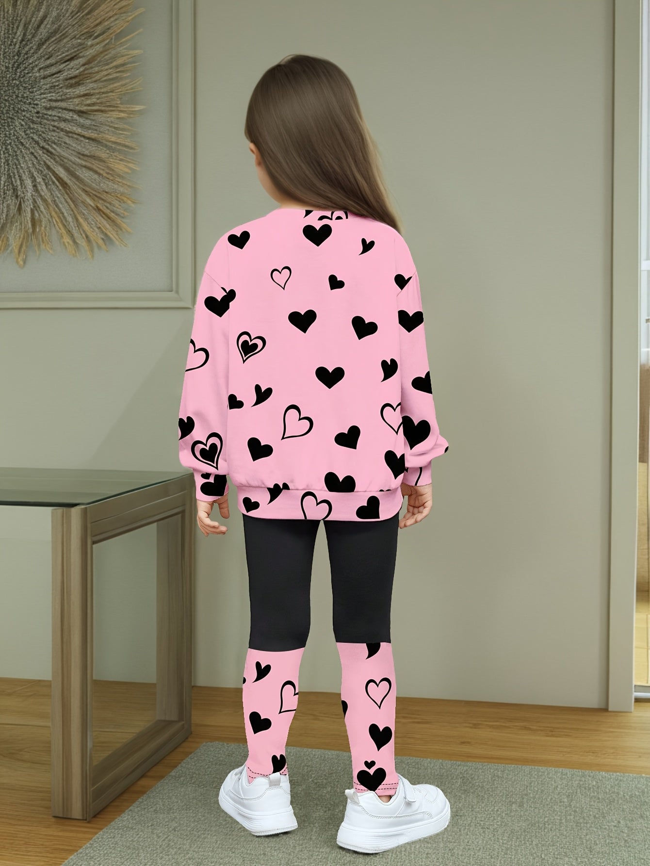 Cute cat & heart print girls' outfit set with comfy long sleeve tee and casual pants. Made from stretchy polyester blend, machine washable. Ideal for summer and outdoor activities.