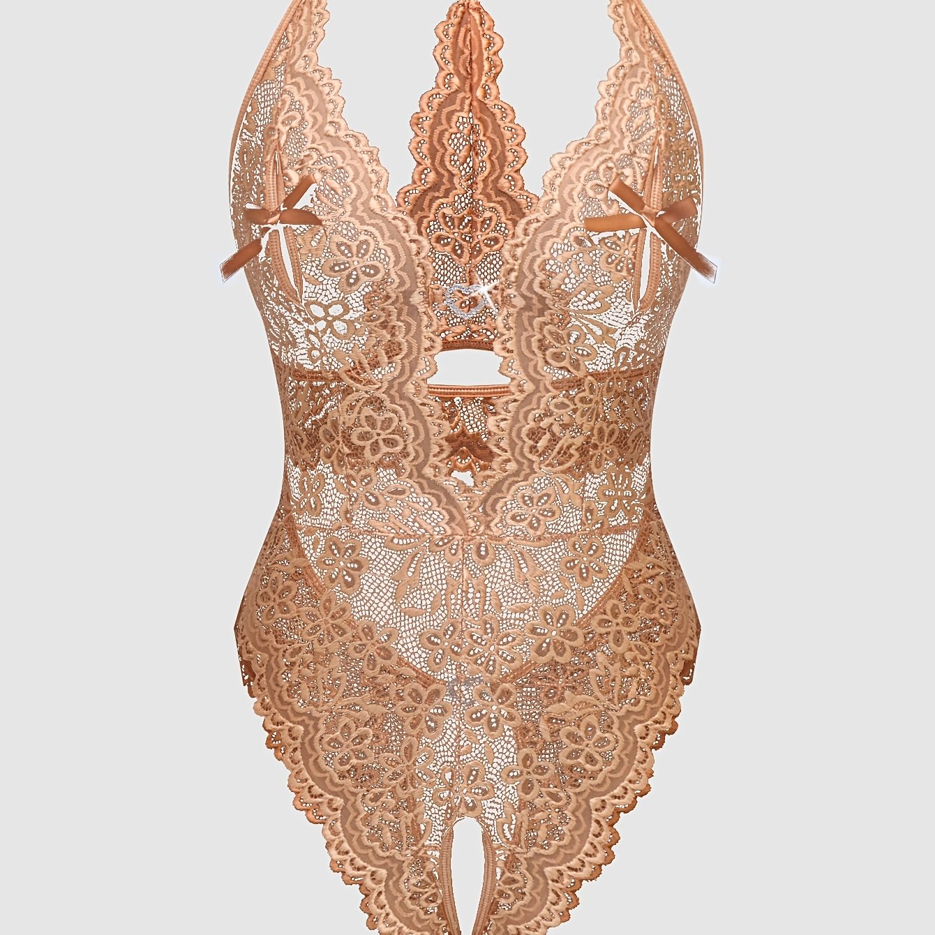 Heart-shaped deep V lace bodysuit with open crotch and sheer back, made from nylon and elastane blend.