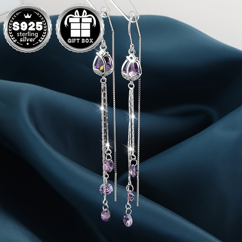 Vana Classic Simple Style 925 Sterling Silver Pendant Earrings featuring Synthetic Amethyst Cubic Zirconia, Untreated - 2PC Set, Total Weight 3.8g. Perfect for Wedding, Party, or Everyday Wear - Comes in Gift Box.