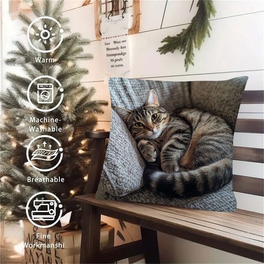 Tabby Cat Throw Pillow Cover featuring a friendly design - Double sided printing, made from short fleece fabric perfect for winter. This contemporary decor cushion case comes with a zipper for easy removal. Great for Christmas season. Note: Insert not