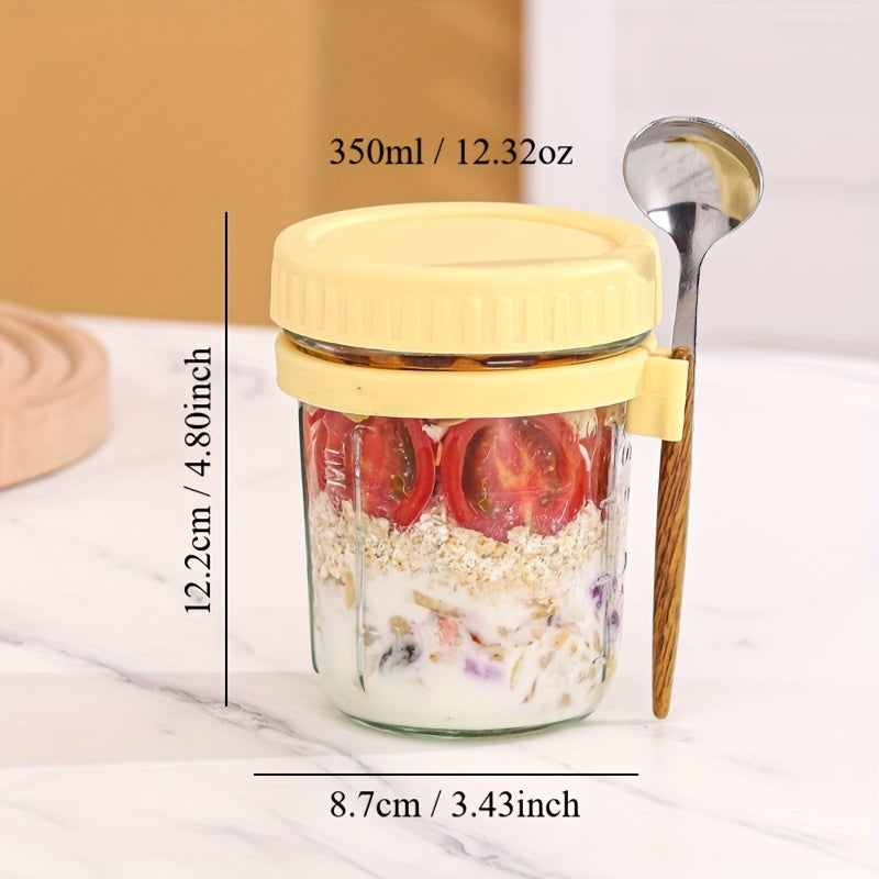 2 350ml glass jars with spoon for overnight oats, salads, or yogurt - plain design