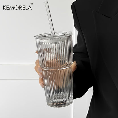 KEMORELA Large Capacity Vertical Striped Glass Cups, with or without lid, for cold drinks, juice, coffee, and water.