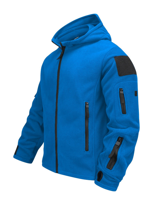 Royal Blue Fleece-Lined Hooded Jacket for Men with Zipper Pockets, Warm Winter Coat for Outdoor Activities, Polyester Blend, Hand/Dry Clean Only, Durable Zipper Closure.