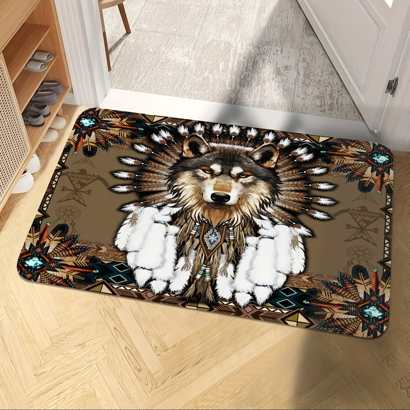 Cool Wolf Pattern Rug with Creative Feather Motif - Non-slip and Washable Carpet for Bedroom, Living Room, Kitchen, Entrance, Indoors, Outdoors - Ideal for Home Decor, Spring Decor, or a Gift