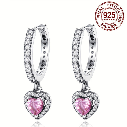 One set of heart-shaped drop earrings made of 925 sterling silver with hypoallergenic properties. The design features inlaid zirconia stones, perfect for wearing with daily outfits or as party accessories. Weighing 3.5 grams (0.123 ounces).