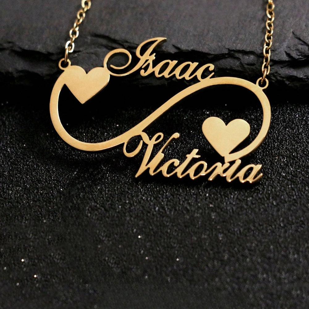 This one-of-a-kind necklace is personalized with two names and features an infinity design, making it perfect for women. Crafted from durable stainless steel, the necklace boasts a unique heart-shaped pendant. With its sleek silver chain, this necklace