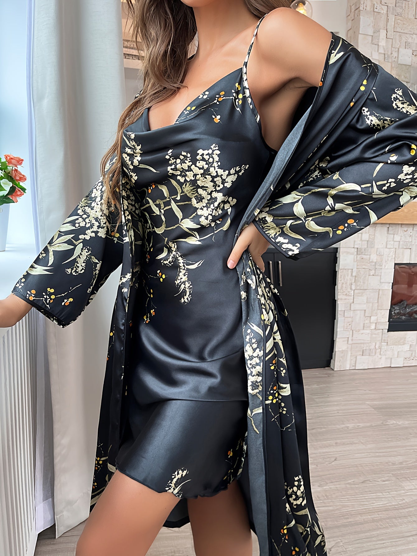 Cherry print satin robe set for women, made of 100% polyester with a cowl collar. Perfect for all seasons, lightweight at 90g/m². Includes 2 pieces for loungewear.