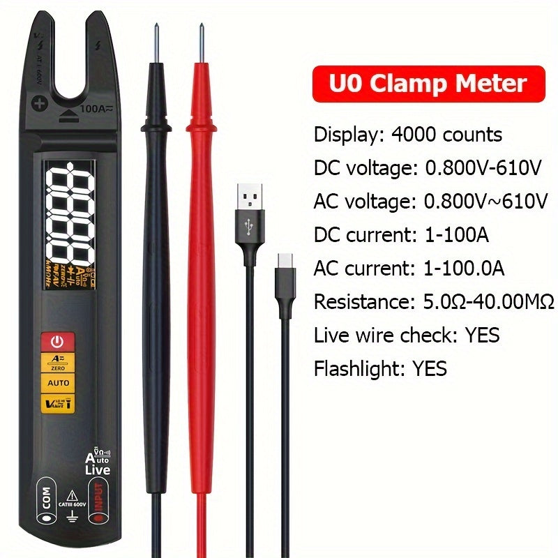 POROMETISTO U0 Digital Clamp Meter - 100A DC/AC, T-RMS Current Measurement, USB Rechargeable, Auto Multimeter with LCD Display for Industrial Use